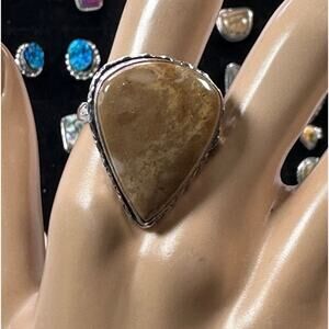 💕 Agate gemstone, silver‎ plated ring stamp 925 handcrafted size 9